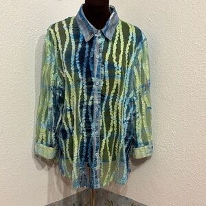 Erin London vibrant lime green and blue sheer lace button-up blouse. Size XL.